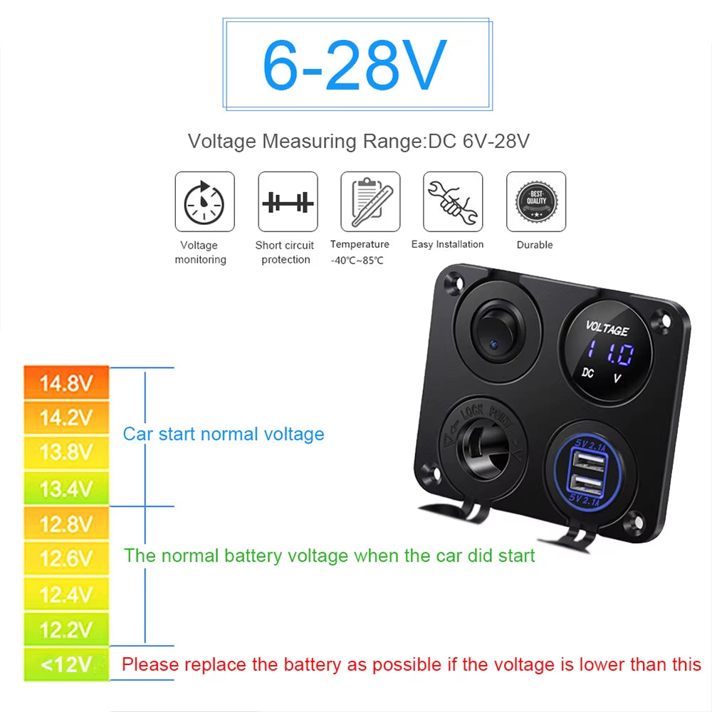 12V USB Panel Socket 4 in 1 Dual USB Charger with Rocker Switch Car Cigarette Lighter Digital Voltmeter for Car Boat Truck RV