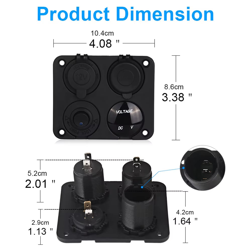 12V USB Panel Socket 4 in 1 Dual USB Charger with Rocker Switch Car Cigarette Lighter Digital Voltmeter for Car Boat Truck RV